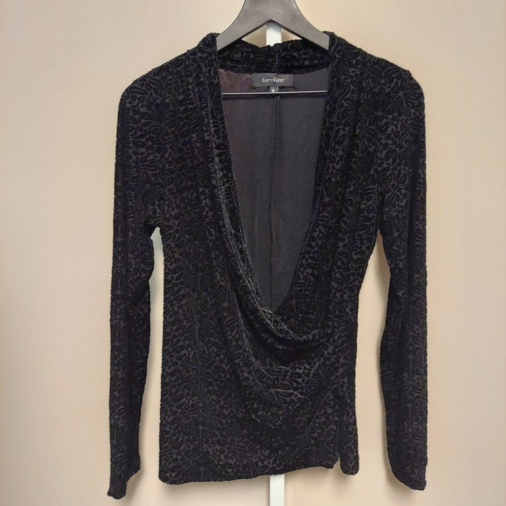 Karen Kane XL Burnout Velvet Devore Draped Deep VNeck Top Blouse Whimsigoth